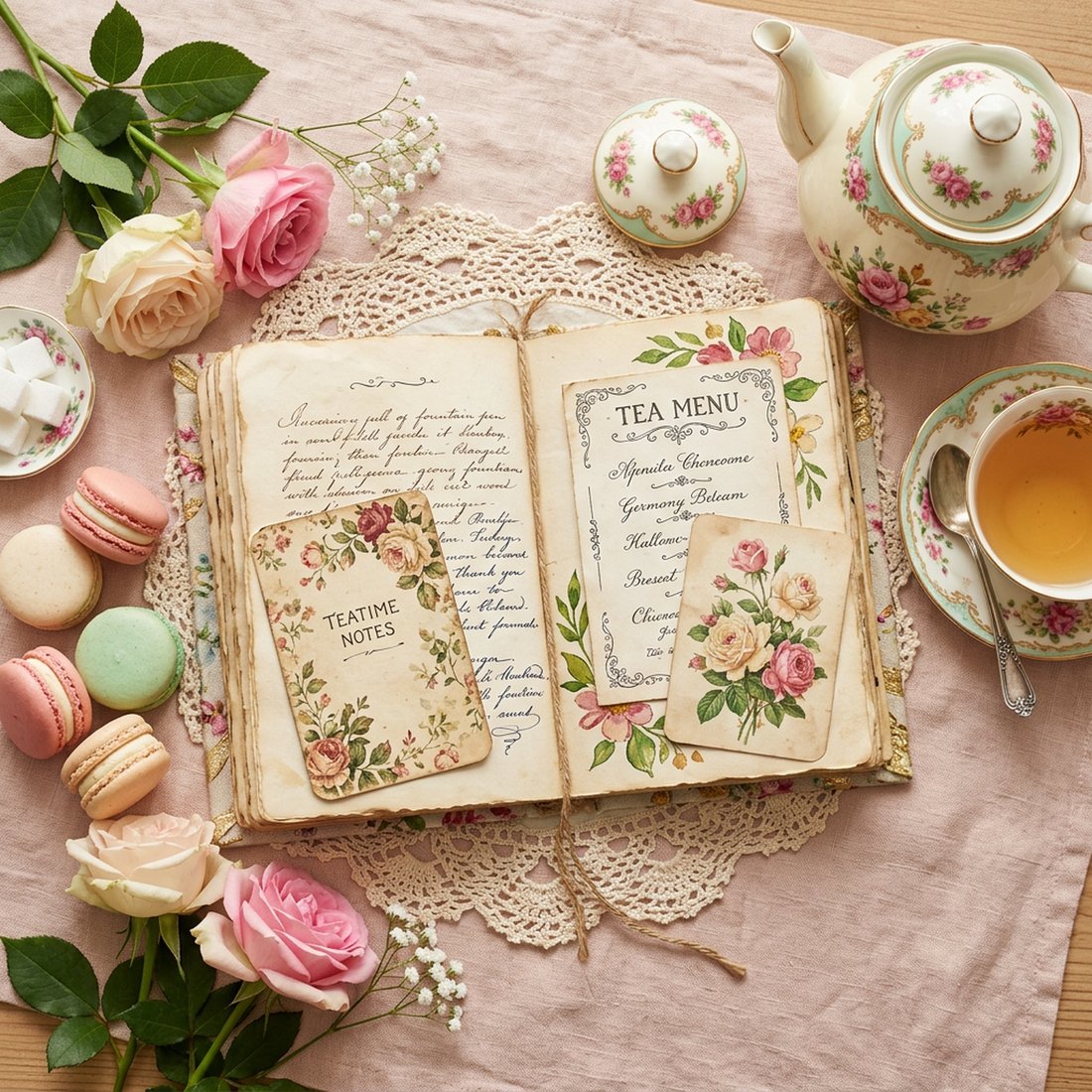 Kit de Junk Journal Merienda de Te por la Tarde | Efimeras Florales de Tazas Vintage + Hojas Imprimibles | Cottagecore | Descarga Digital