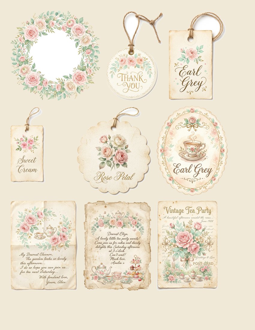Afternoon Tea Party Junk Journal Kit | Vintage Floral Teacup Ephemera + Printable Sheets | Cottagecore | Digital Download