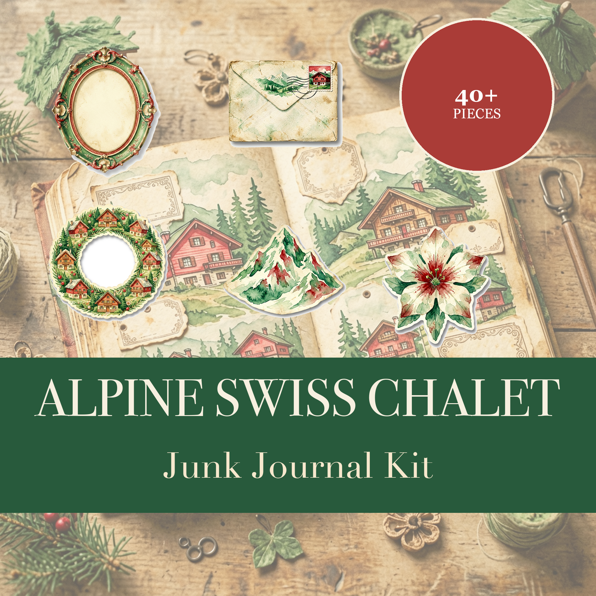 Alpines Schweizer Chalet Junk-Journal-Set | Berg- & Edelweiß-Ephemera | Druckbare Ausschneidemotive | Digitaler Download
