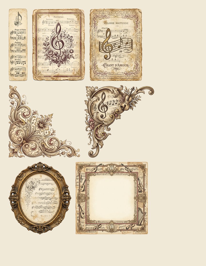 Antique Melody Music Junk Journal Kit | Vintage Sheet Music Instrument Ephemera + Printable Sheets | Digital Download