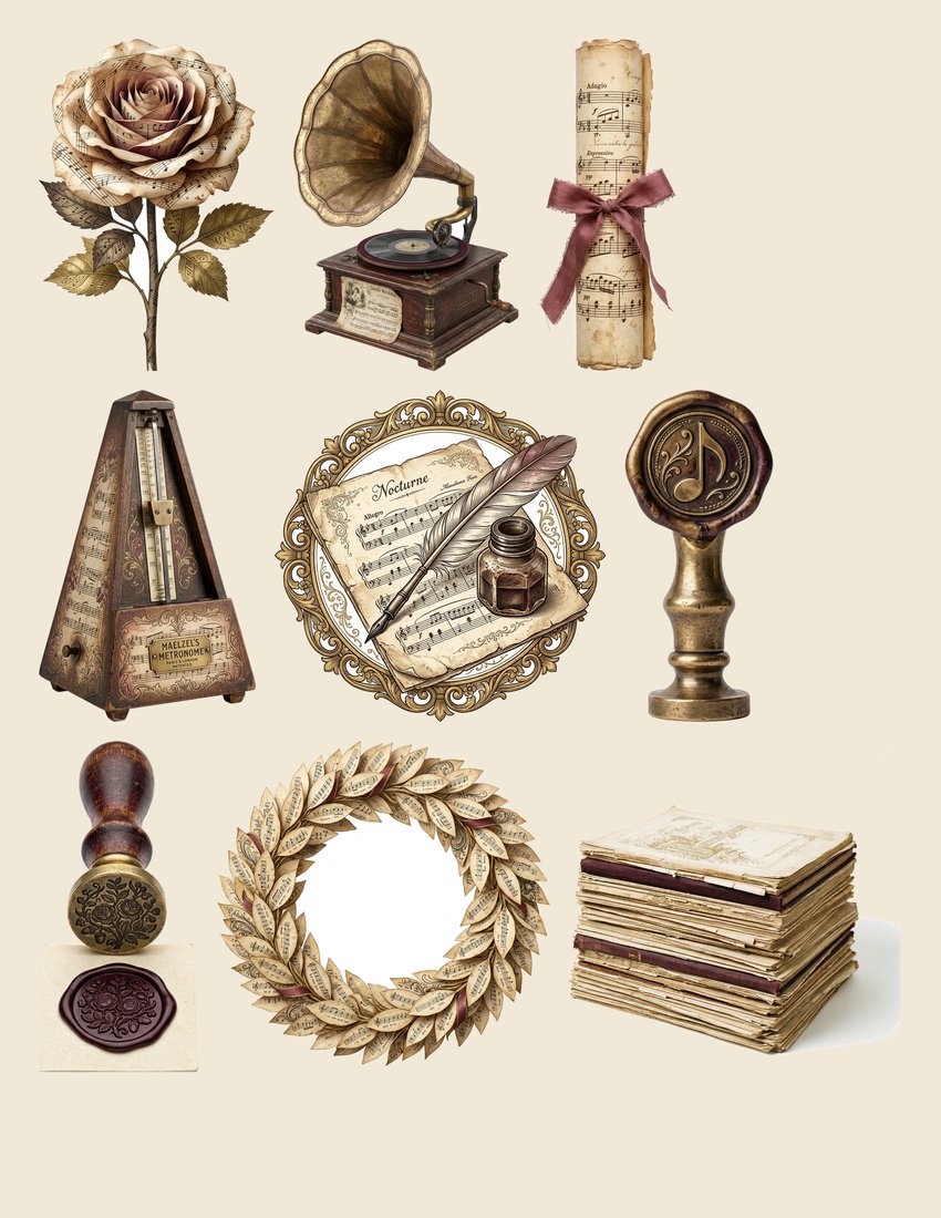 Antique Melody Music Junk Journal Kit | Vintage Sheet Music Instrument Ephemera + Printable Sheets | Digital Download