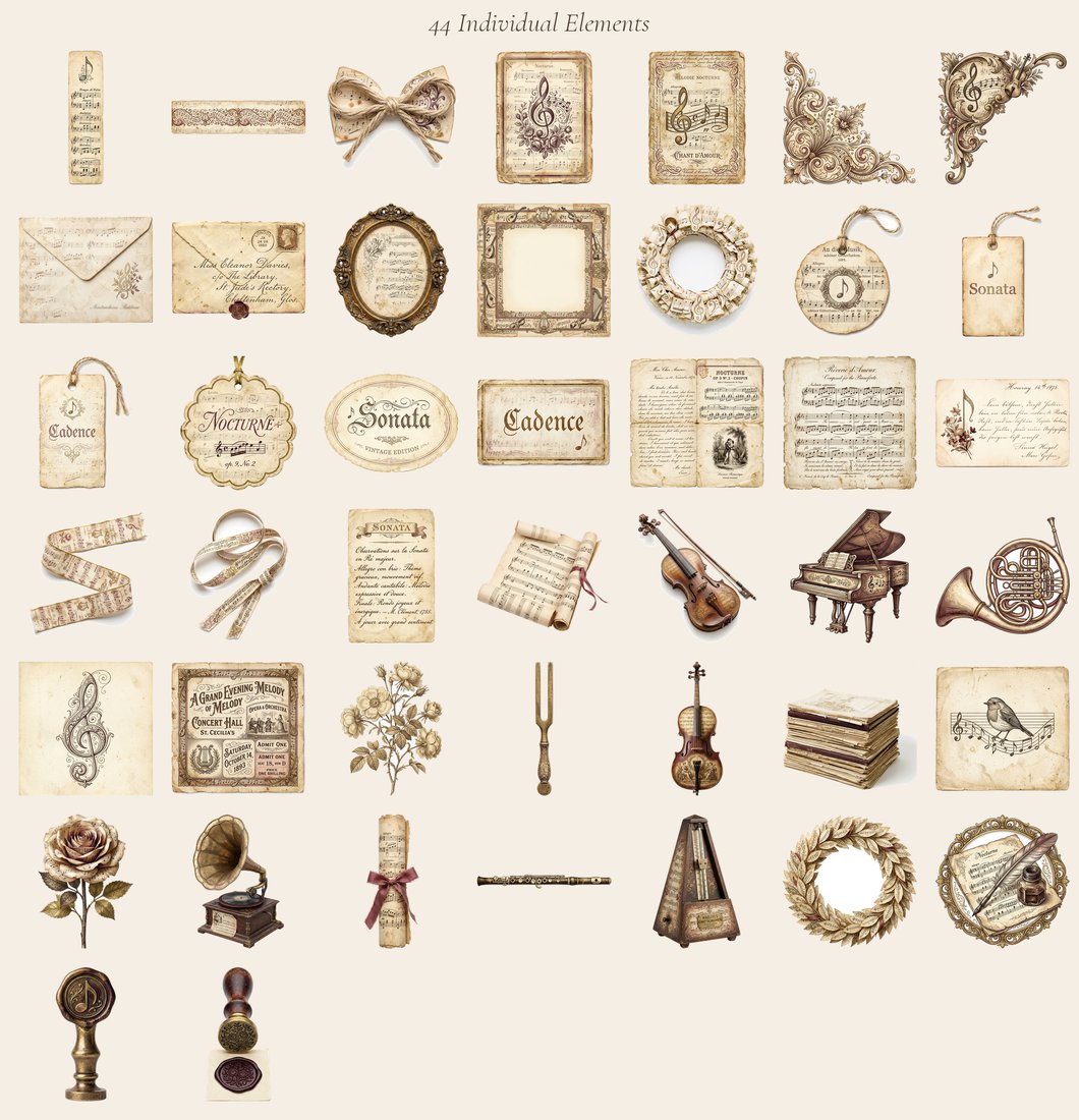 Antique Melody Music Junk Journal Kit | Vintage Sheet Music Instrument Ephemera + Printable Sheets | Digital Download