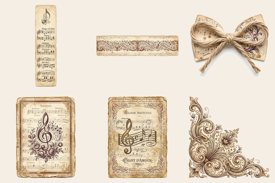 Antique Melody Music Junk Journal Kit | Vintage Sheet Music Instrument Ephemera + Printable Sheets | Digital Download