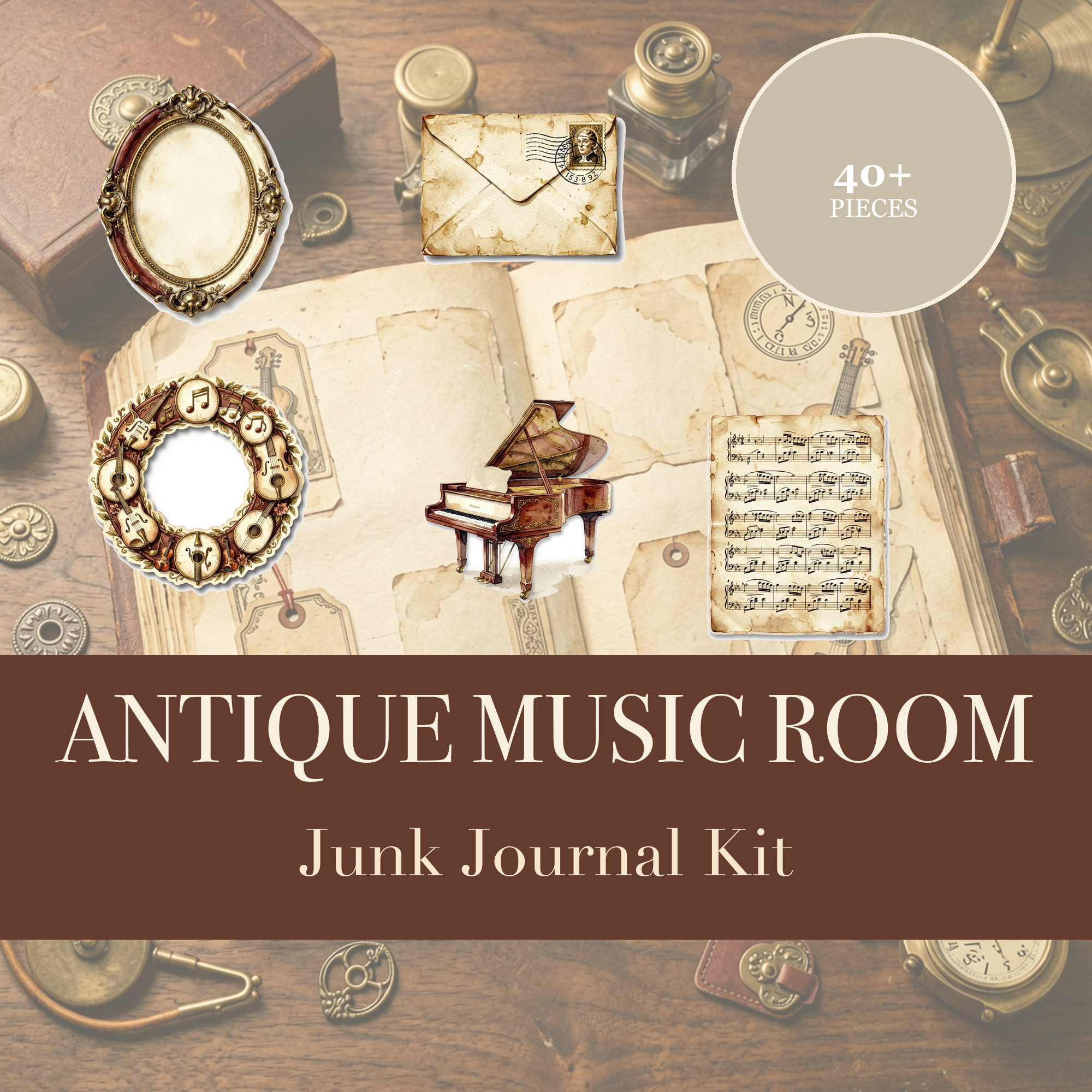 Antique Music Room Junk Journal Kit | Piano & Sheet Music Ephemera Papers | Printable Cut-Outs | Digital Download