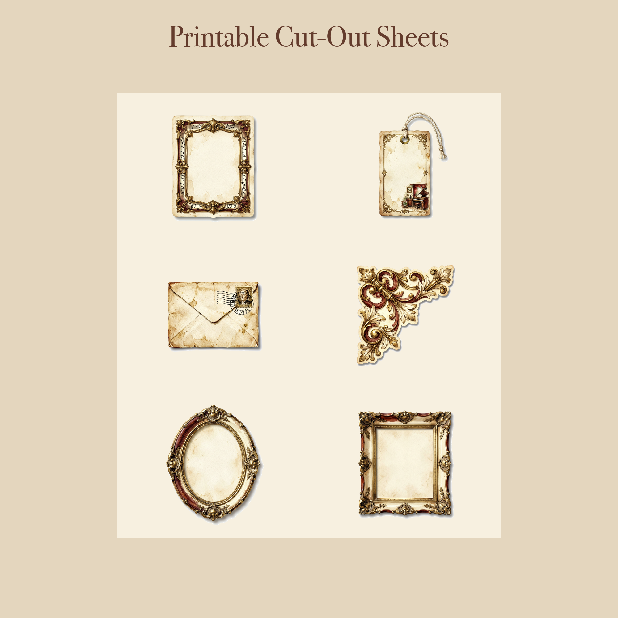 Antique Music Room Junk Journal Kit | Piano & Sheet Music Ephemera Papers | Printable Cut-Outs | Digital Download