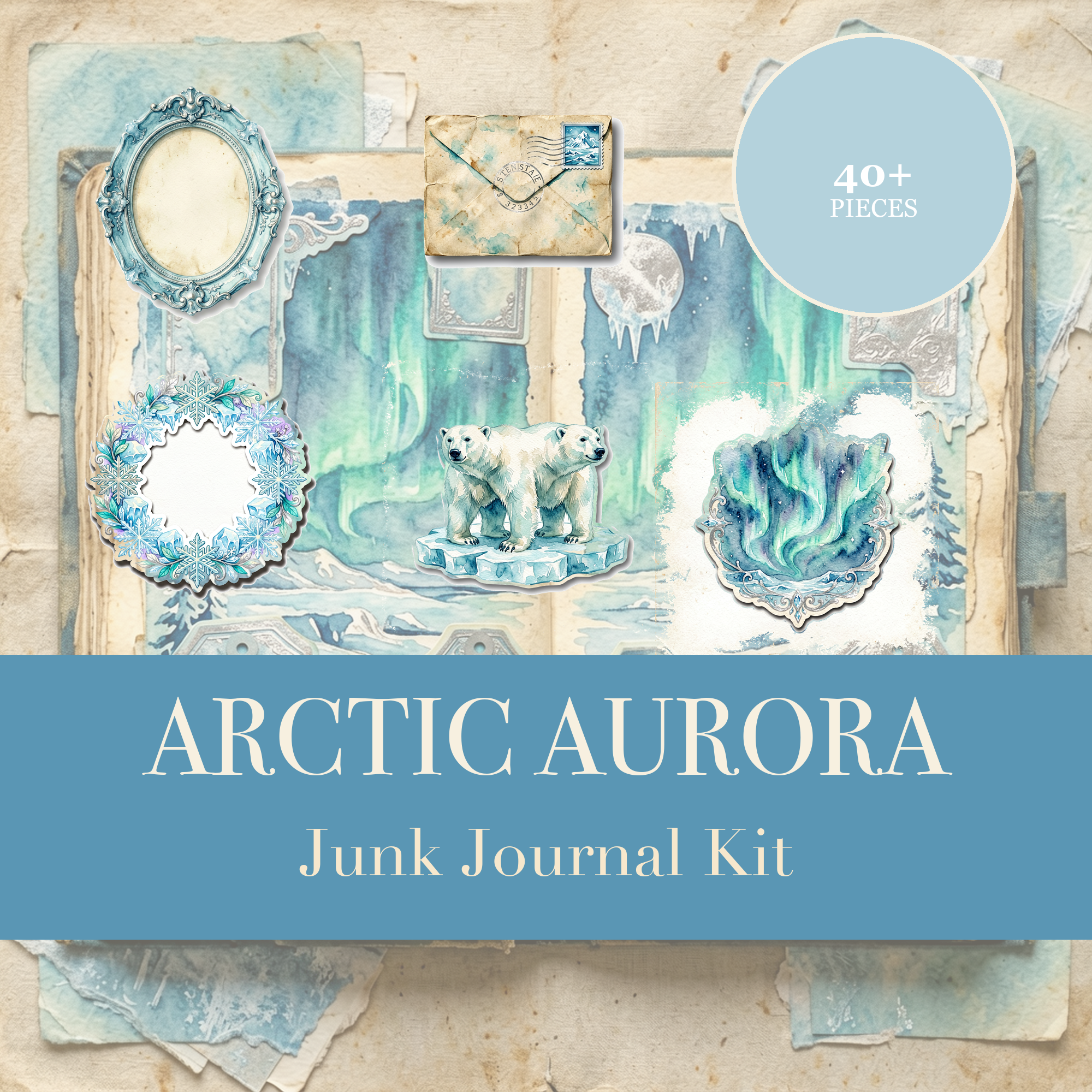 Kit de Junk Journal Aurora Artica | Papeles Efimeros de Oso Polar y Aurora Boreal | Recortables Imprimibles | Descarga Digital