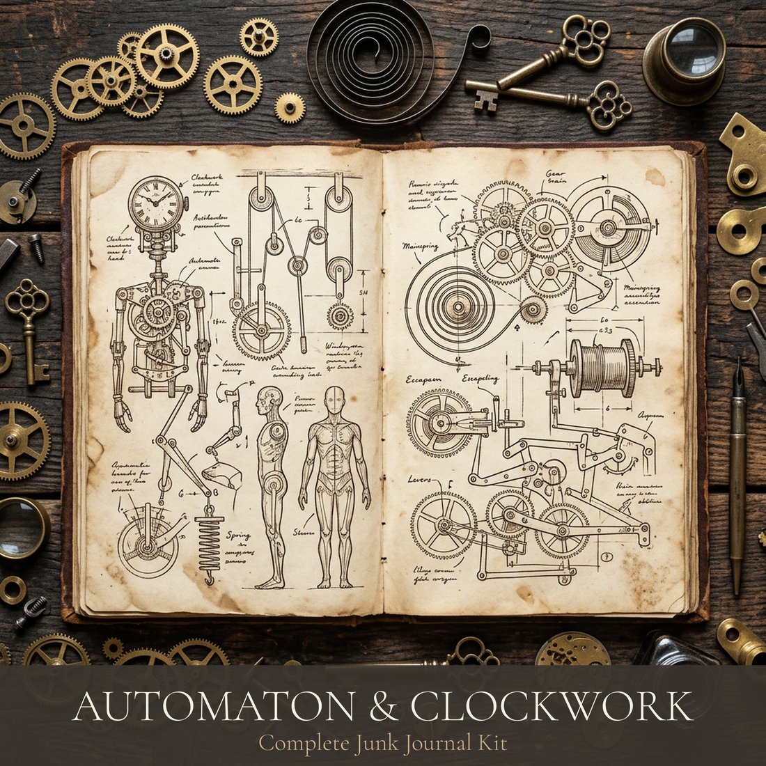 Automaton & Clockwork Junk Journal Kit | Steampunk Gears & Mechanisms | Digital Download