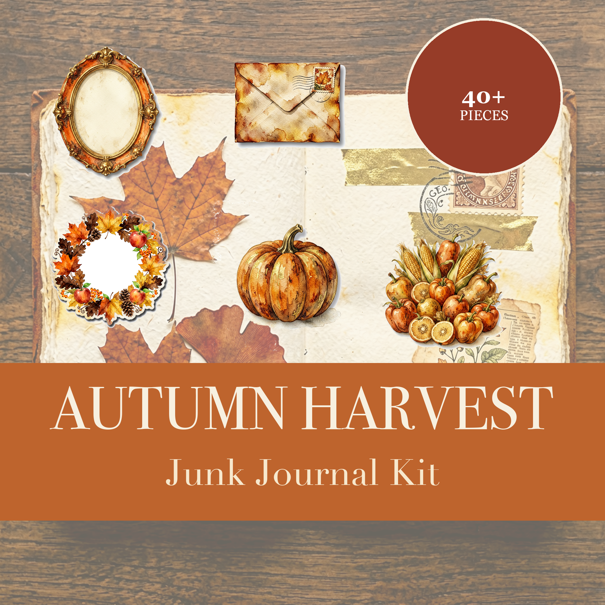 秋收豐饒 Junk Journal 套裝 | 南瓜與豐饒角紙品 | 可打印裁剪紙 | 電子下載