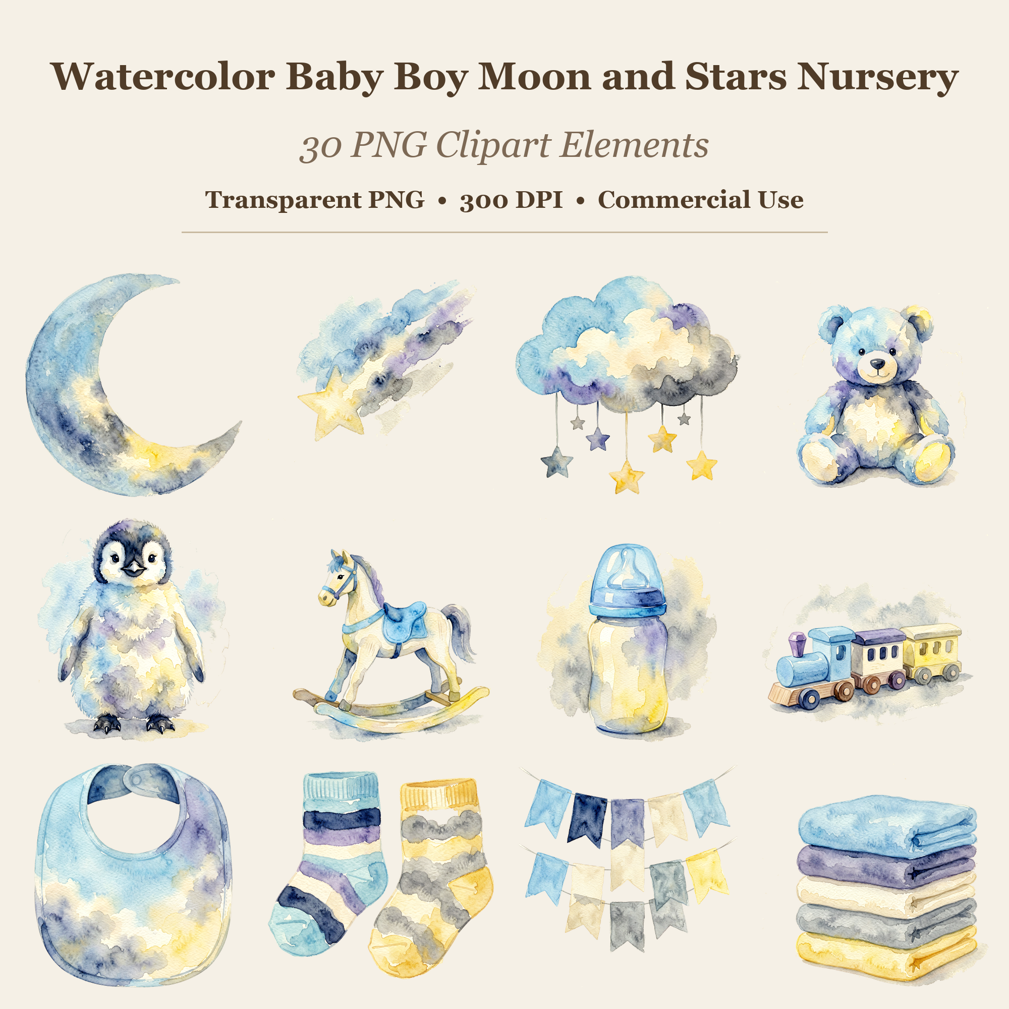 Watercolor Baby Boy Moon and Stars Nursery Clipart, 30 PNG, Transparent Background, Commercial Use, Digital Download