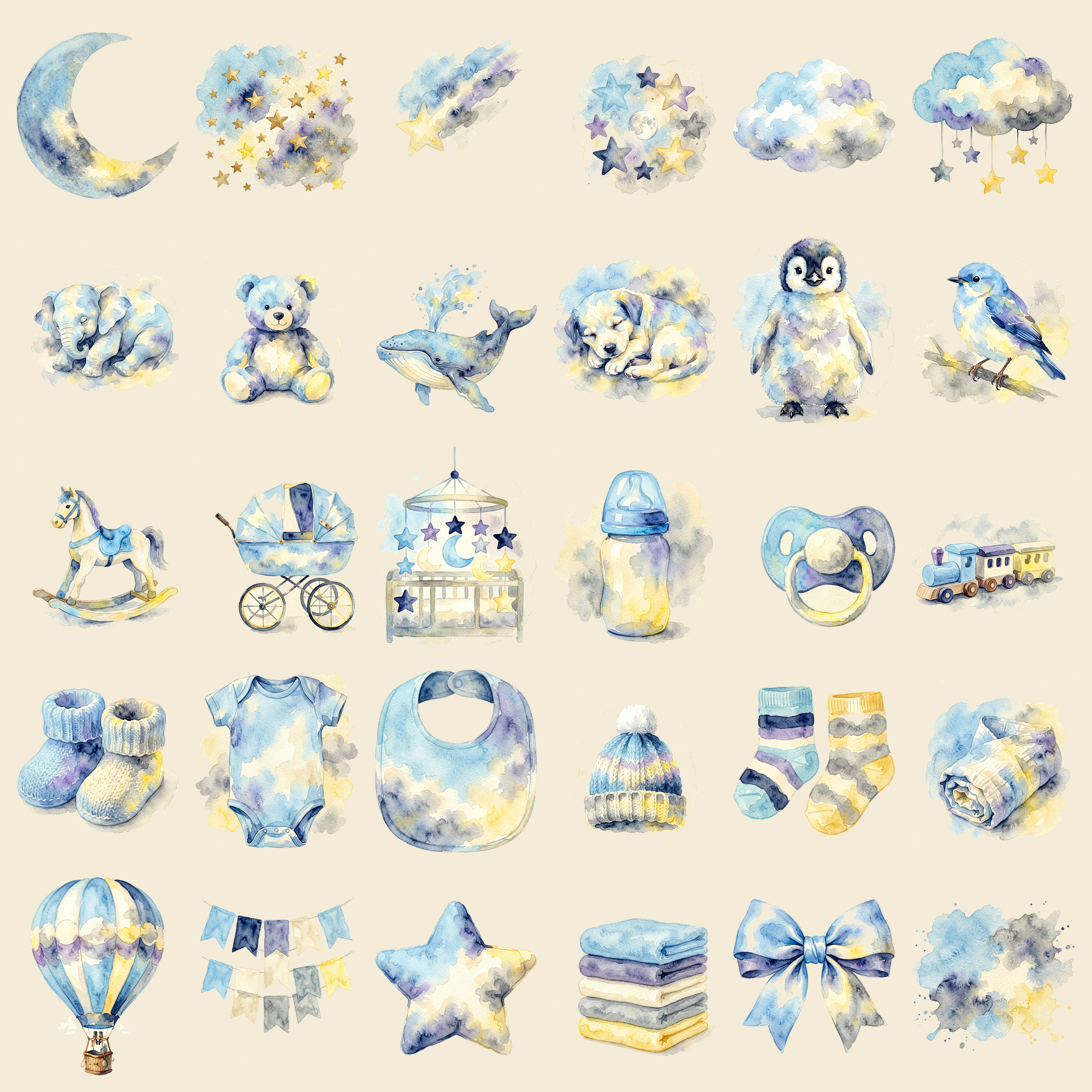Watercolor Baby Boy Moon and Stars Nursery Clipart, 30 PNG, Transparent Background, Commercial Use, Digital Download