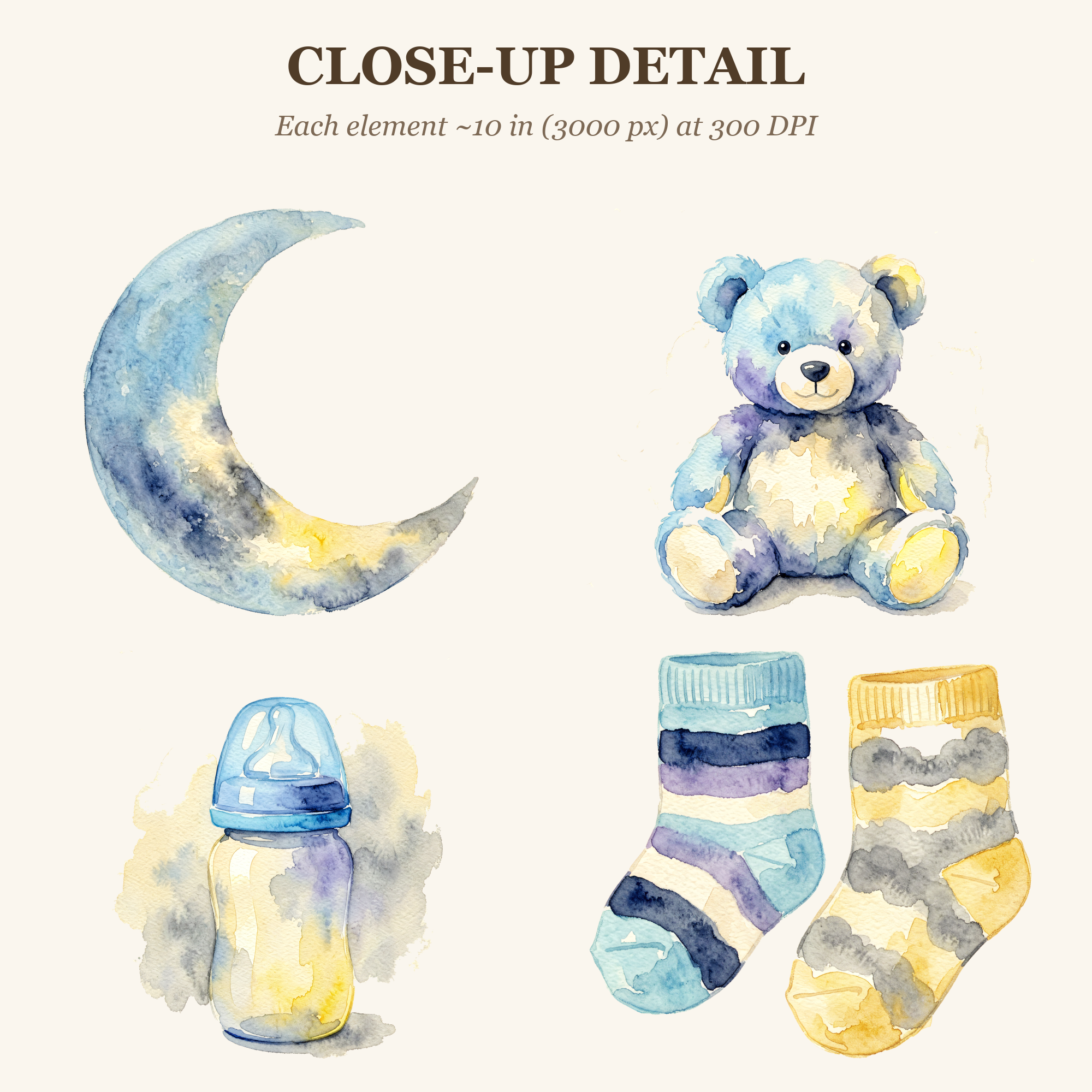 Watercolor Baby Boy Moon and Stars Nursery Clipart, 30 PNG, Transparent Background, Commercial Use, Digital Download