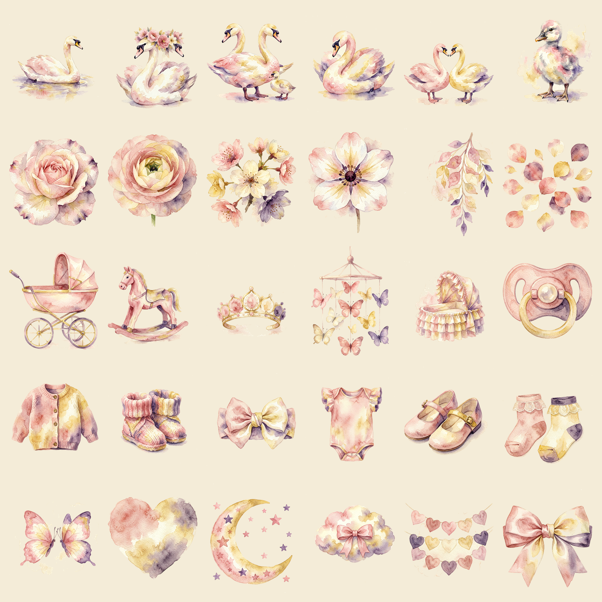 Watercolor Baby Girl Blush Swans Nursery Clipart, 30 PNG, Transparent Background, Commercial Use, Digital Download