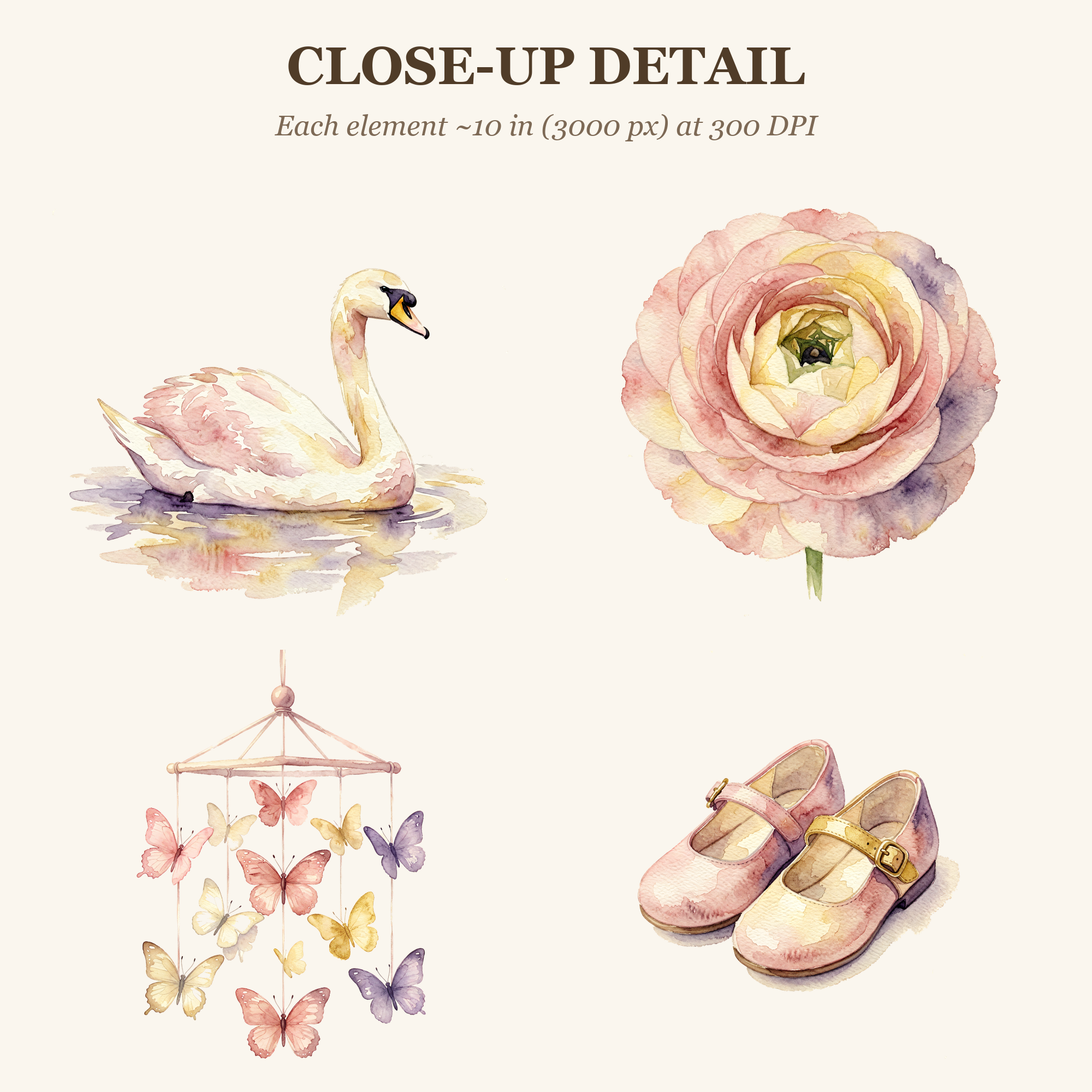 Watercolor Baby Girl Blush Swans Nursery Clipart, 30 PNG, Transparent Background, Commercial Use, Digital Download
