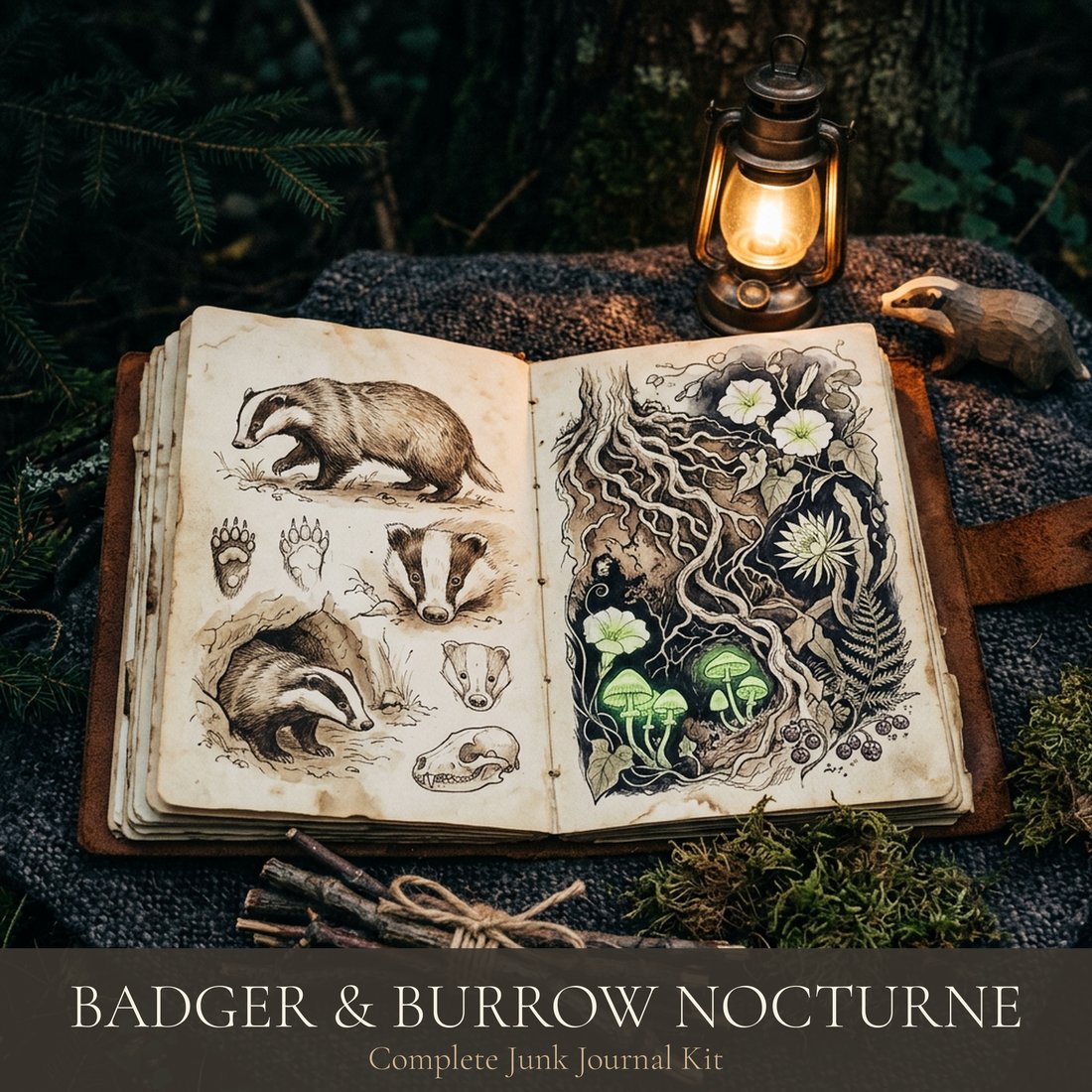 Badger & Burrow Nocturne Junk Journal Kit | Woodland Ephemera Printable Sheets | Digital Download