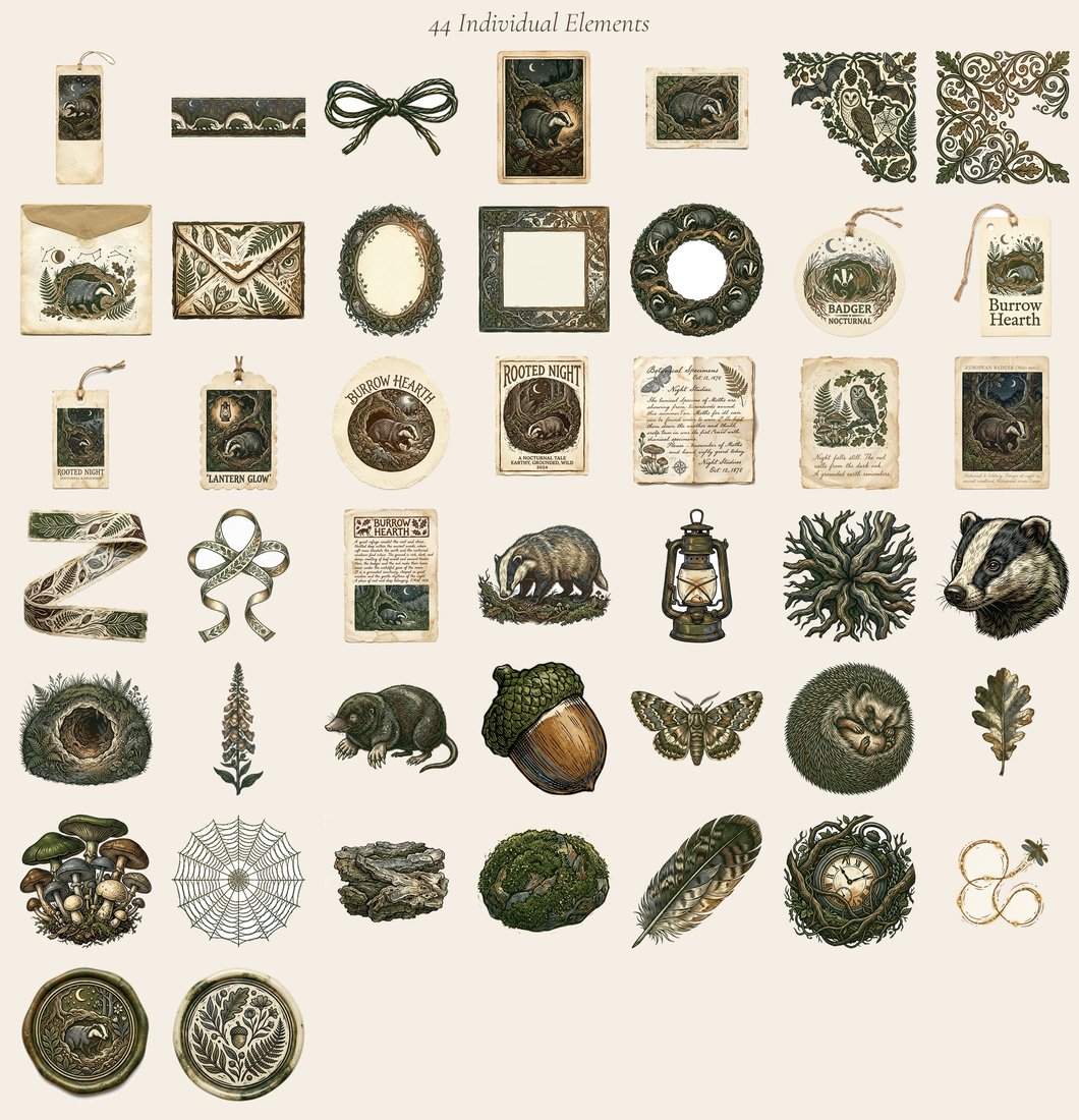 Badger & Burrow Nocturne Junk Journal Kit | Woodland Ephemera Printable Sheets | Digital Download