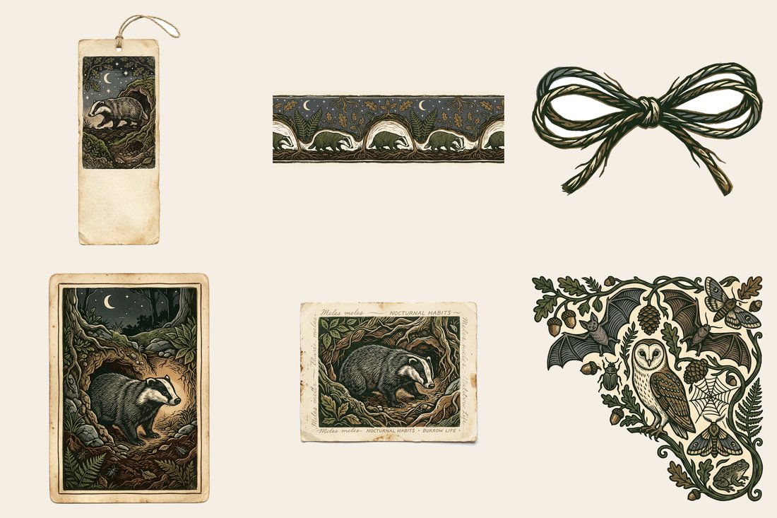 Badger & Burrow Nocturne Junk Journal Kit | Woodland Ephemera Printable Sheets | Digital Download