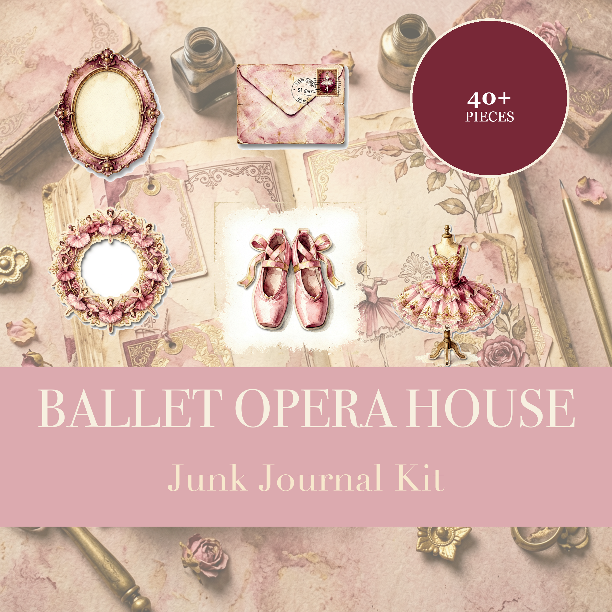 芭蕾歌劇院 Junk Journal 素材包 | 芭蕾舞者與劇院紙品 | 可列印剪裁素材 | 數位下載