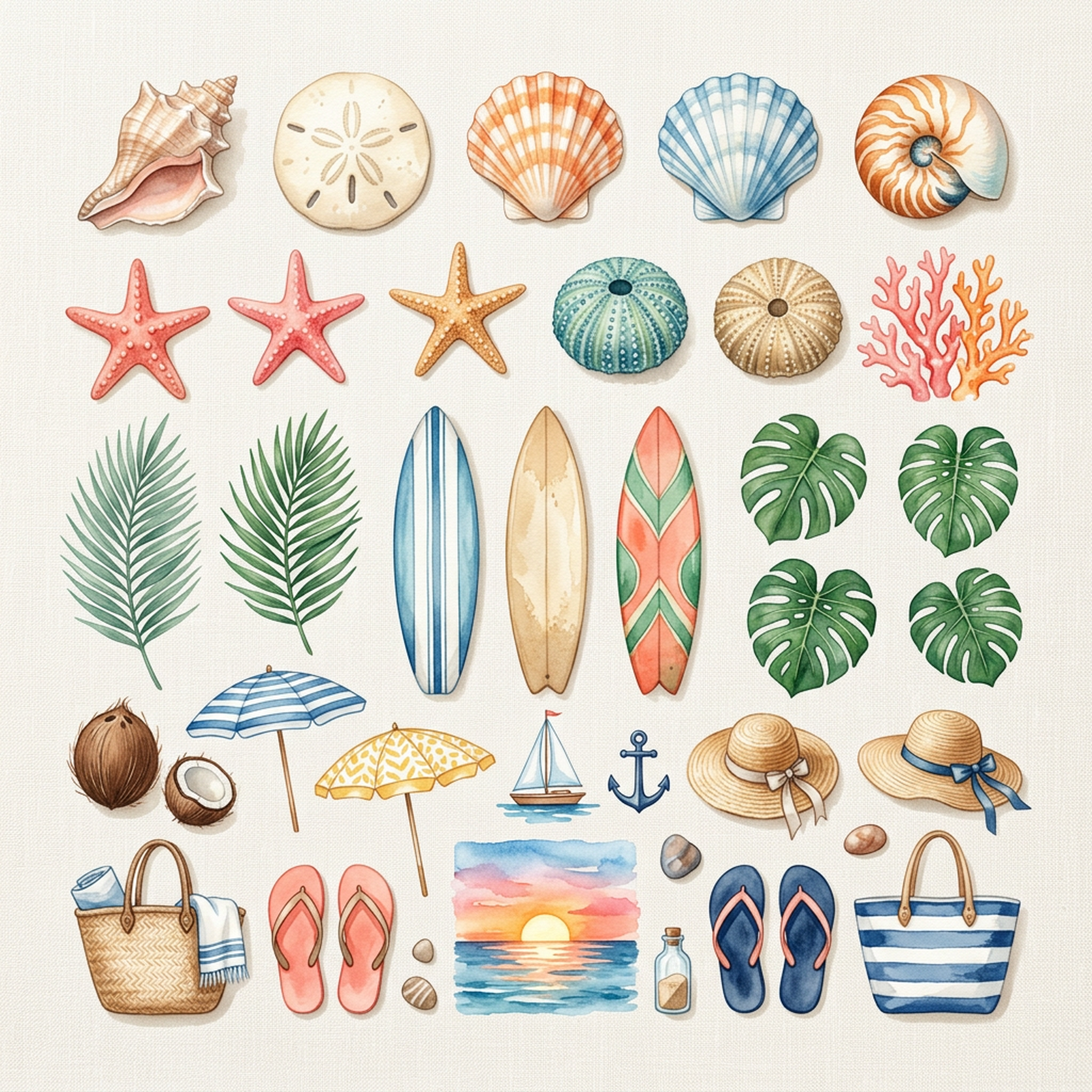 Watercolor Beach Shells and Palm Clipart, 30 PNG, Transparent Background, Commercial Use, Digital Download