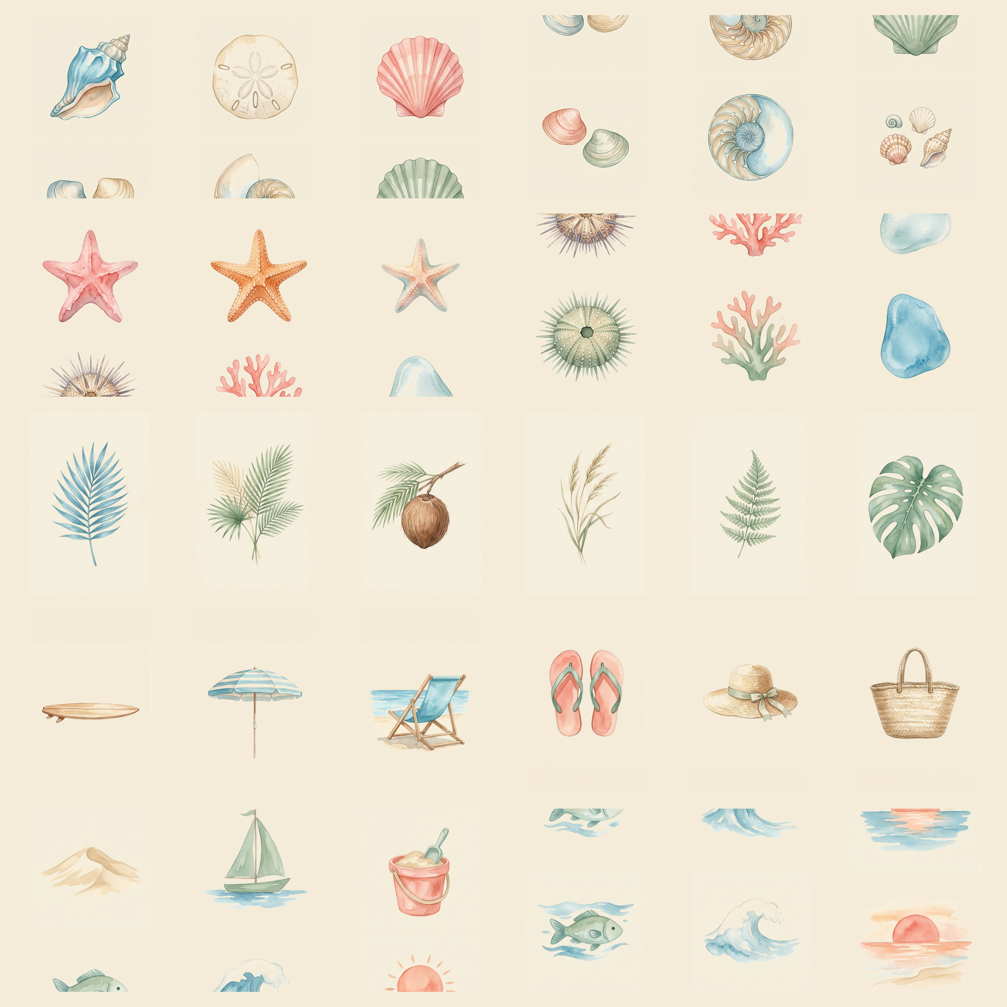 Watercolor Beach Shells and Palm Clipart, 30 PNG, Transparent Background, Commercial Use, Digital Download