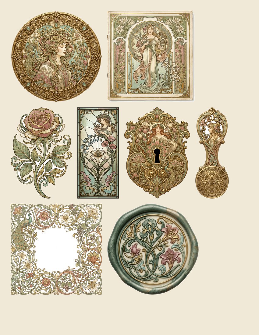 Belle Epoque Art Nouveau Junk Journal Kit | Vintage Mucha Ornate Floral Ephemera + Printable Sheets | Digital Download