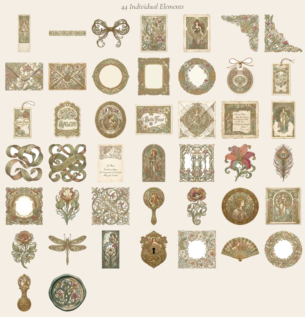 Belle Epoque Art Nouveau Junk Journal Kit | Vintage Mucha Ornate Floral Ephemera + Printable Sheets | Digital Download