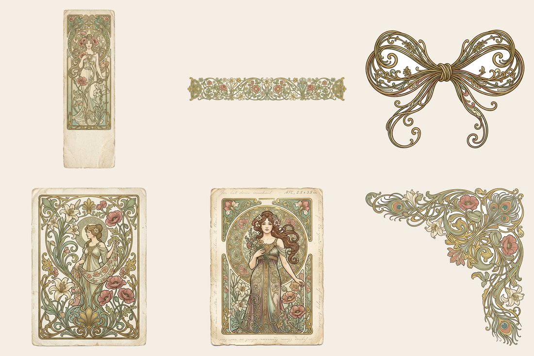 Belle Epoque Art Nouveau Junk Journal Kit | Vintage Mucha Ornate Floral Ephemera + Printable Sheets | Digital Download