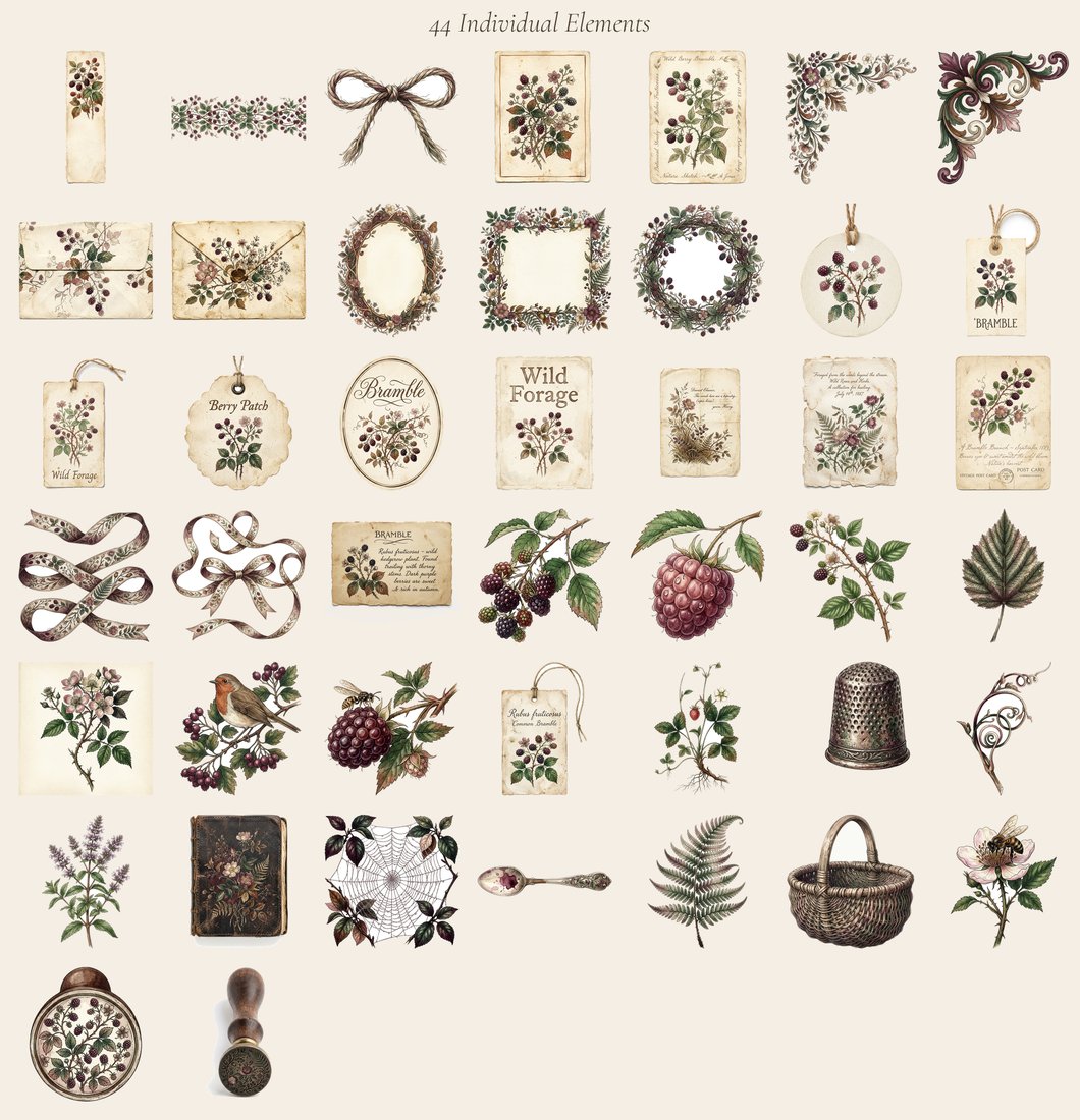 Berry Bramble Junk Journal Kit | Vintage Woodland Foraging Ephemera | Digital Download
