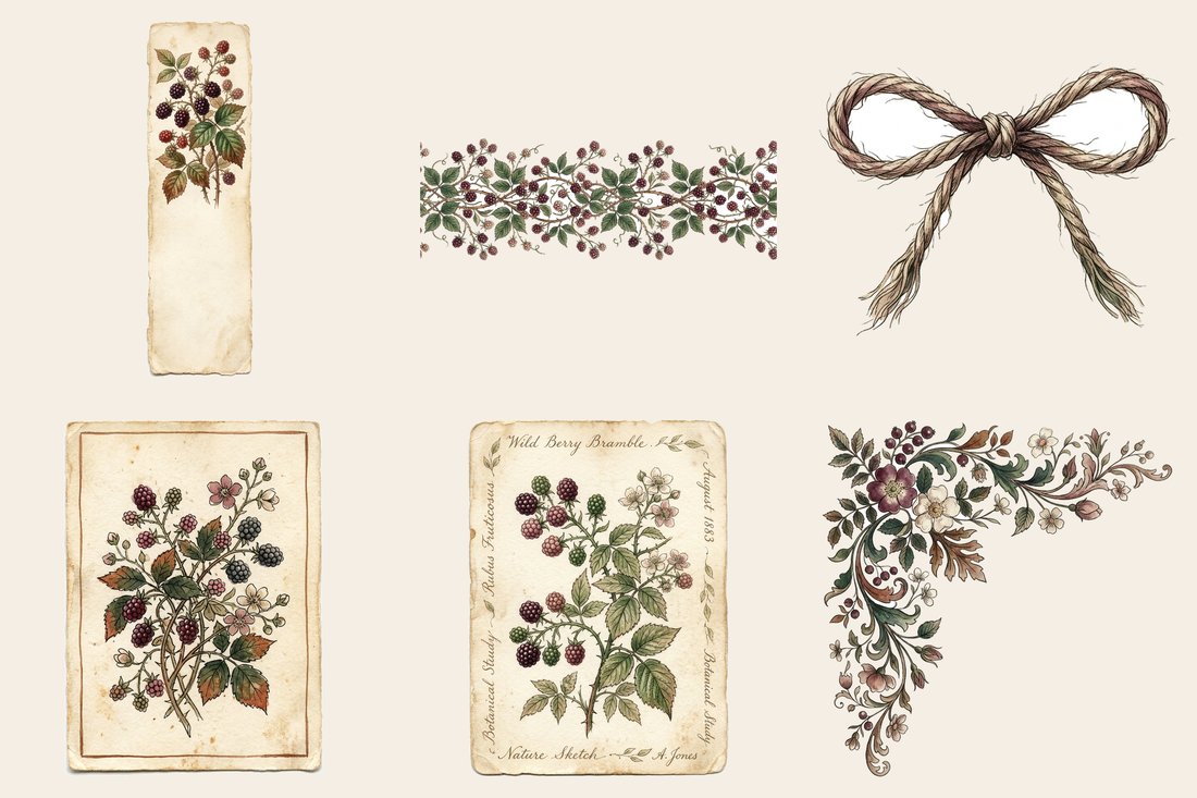Berry Bramble Junk Journal Kit | Vintage Woodland Foraging Ephemera | Digital Download