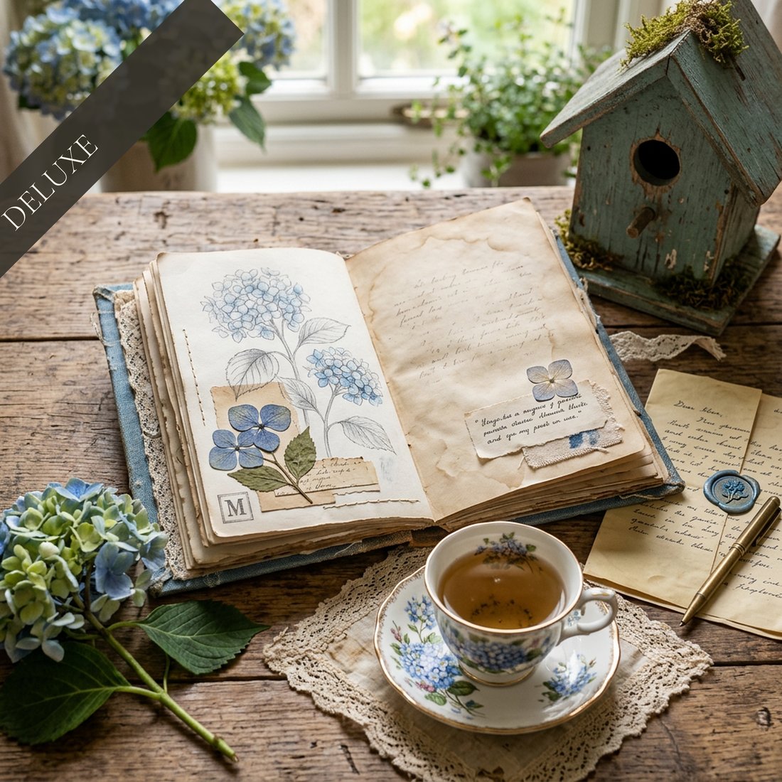 Blue Hydrangea Cottage Junk Journal Kit | Vintage Botanical Ephemera | Digital Download