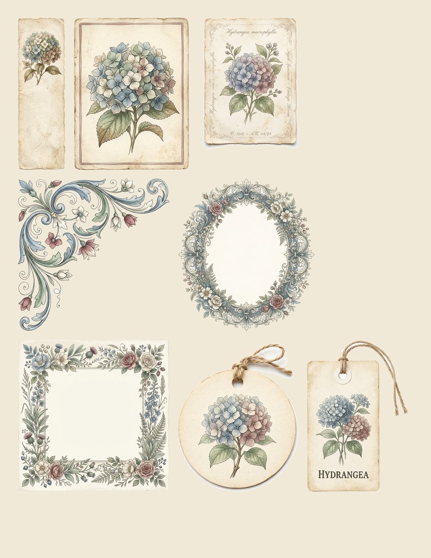Blue Hydrangea Cottage Junk Journal Kit | Vintage Botanical Ephemera | Digital Download