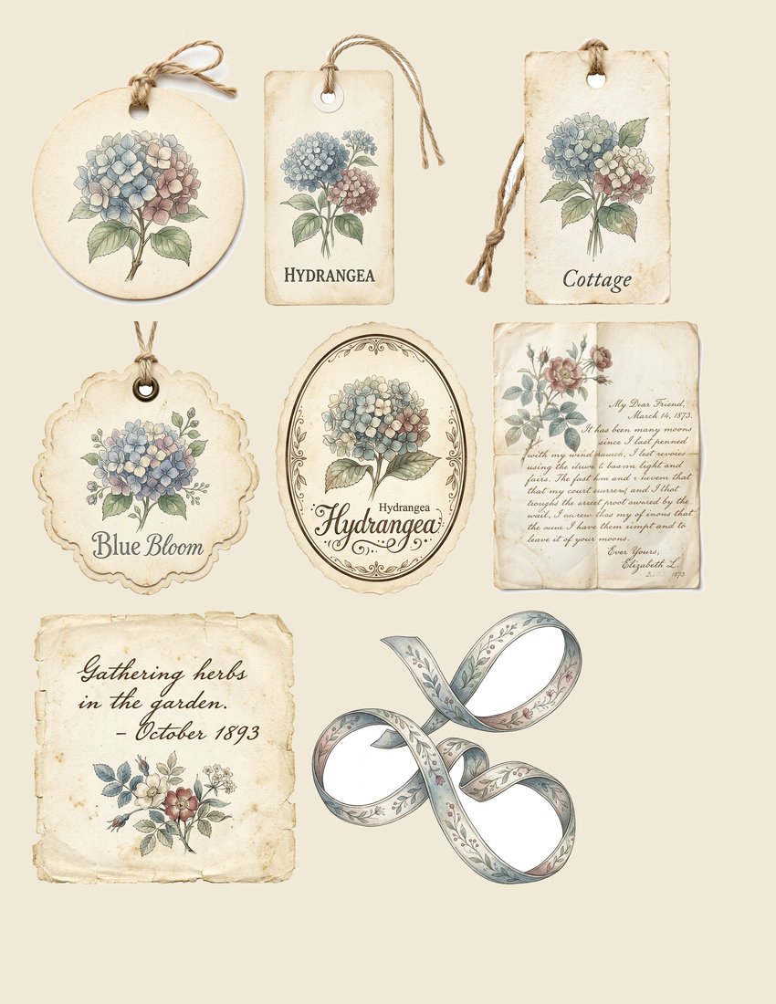 Blue Hydrangea Cottage Junk Journal Kit | Vintage Botanical Ephemera | Digital Download