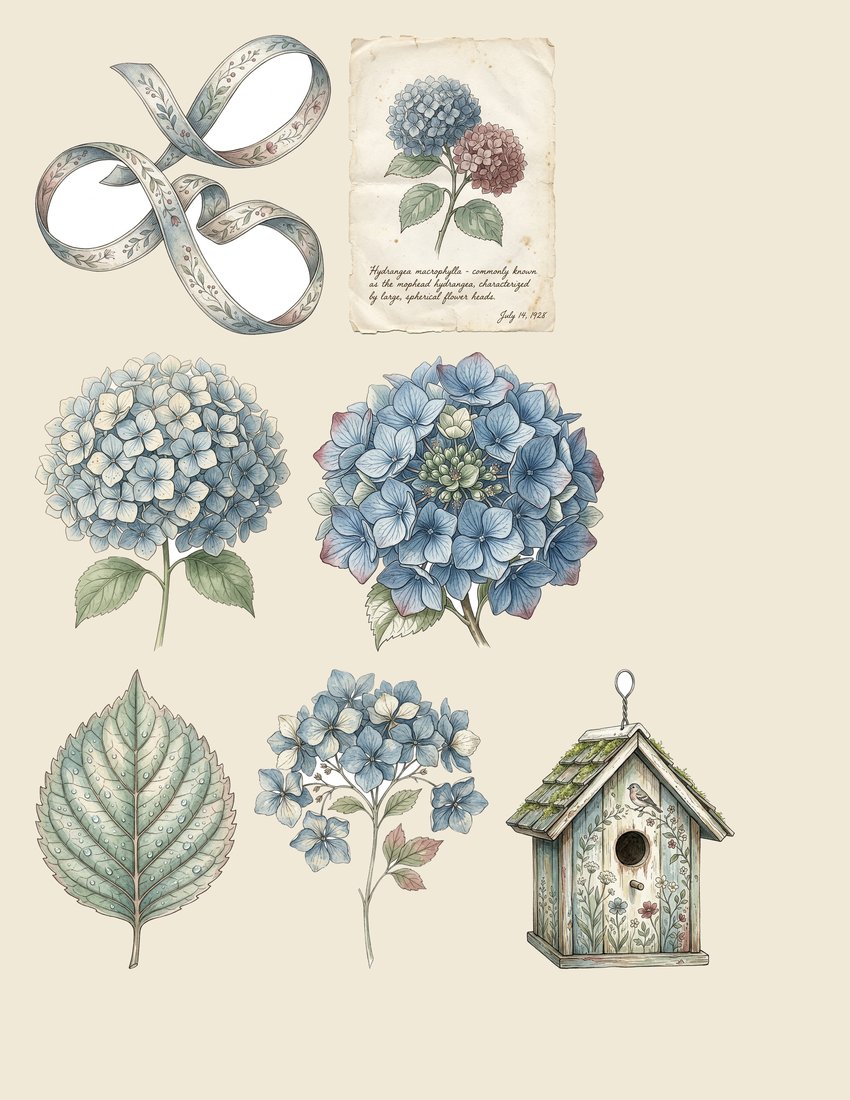 Blue Hydrangea Cottage Junk Journal Kit | Vintage Botanical Ephemera | Digital Download