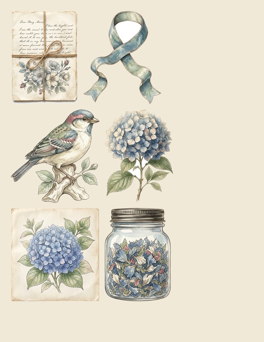 Blue Hydrangea Cottage Junk Journal Kit | Vintage Botanical Ephemera | Digital Download