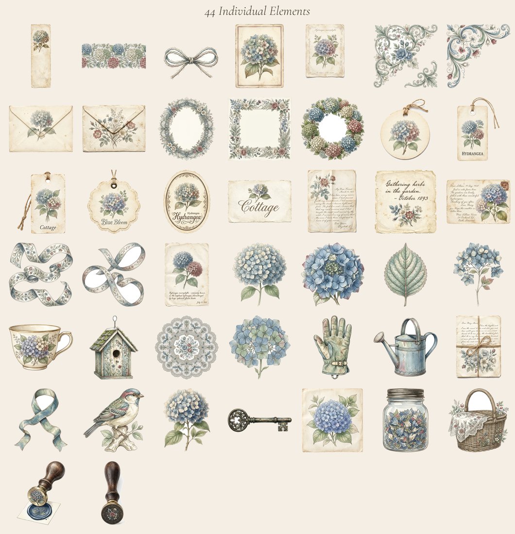 Blue Hydrangea Cottage Junk Journal Kit | Vintage Botanical Ephemera | Digital Download