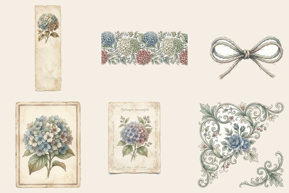 Blue Hydrangea Cottage Junk Journal Kit | Vintage Botanical Ephemera | Digital Download