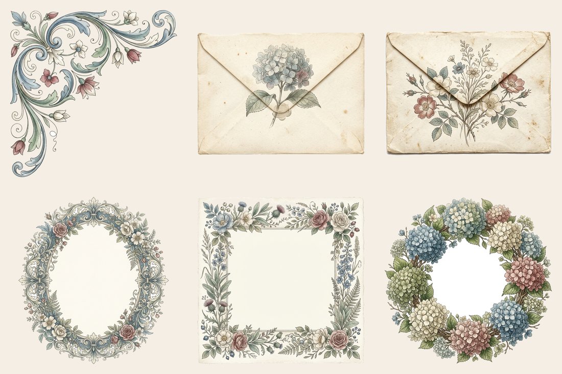 Blue Hydrangea Cottage Junk Journal Kit | Vintage Botanical Ephemera | Digital Download