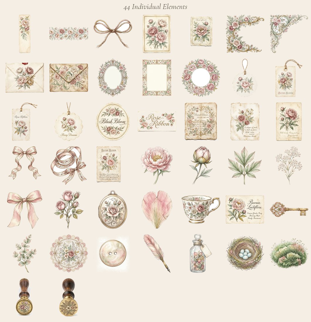 Blush Peony Junk Journal Kit | Vintage Floral Ephemera & Crafts | Digital Download