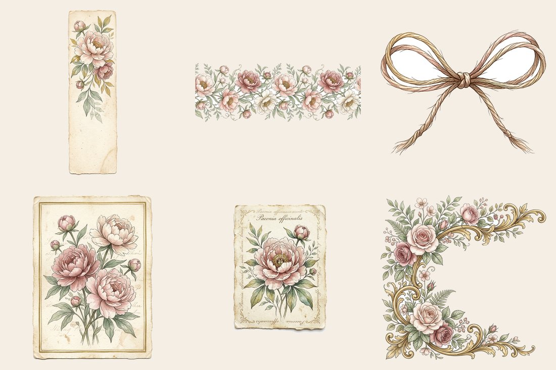 Blush Peony Junk Journal Kit | Vintage Floral Ephemera & Crafts | Digital Download