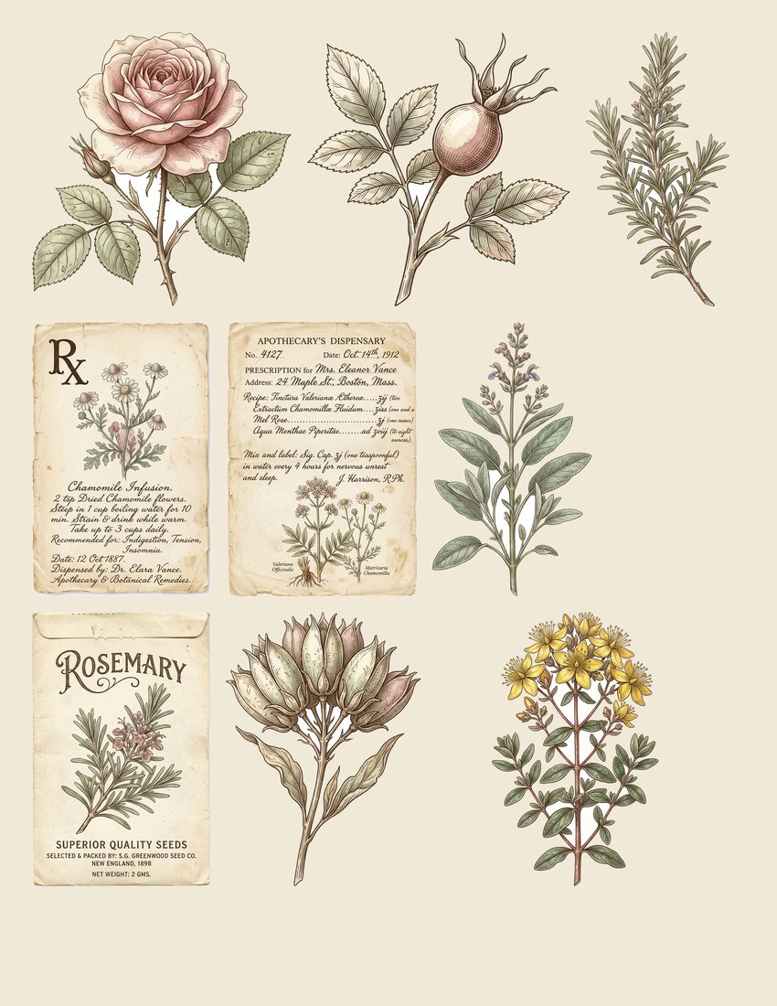Botanical Apothecary Junk Journal Kit | 60+ Vintage Herbal Ephemera + Printable Sheets | Cottagecore Grimoire | Digital Download