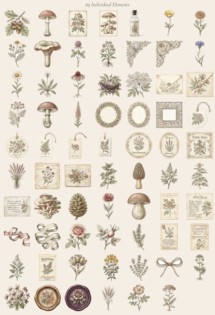 Botanical Apothecary Junk Journal Kit | 60+ Vintage Herbal Ephemera + Printable Sheets | Cottagecore Grimoire | Digital Download