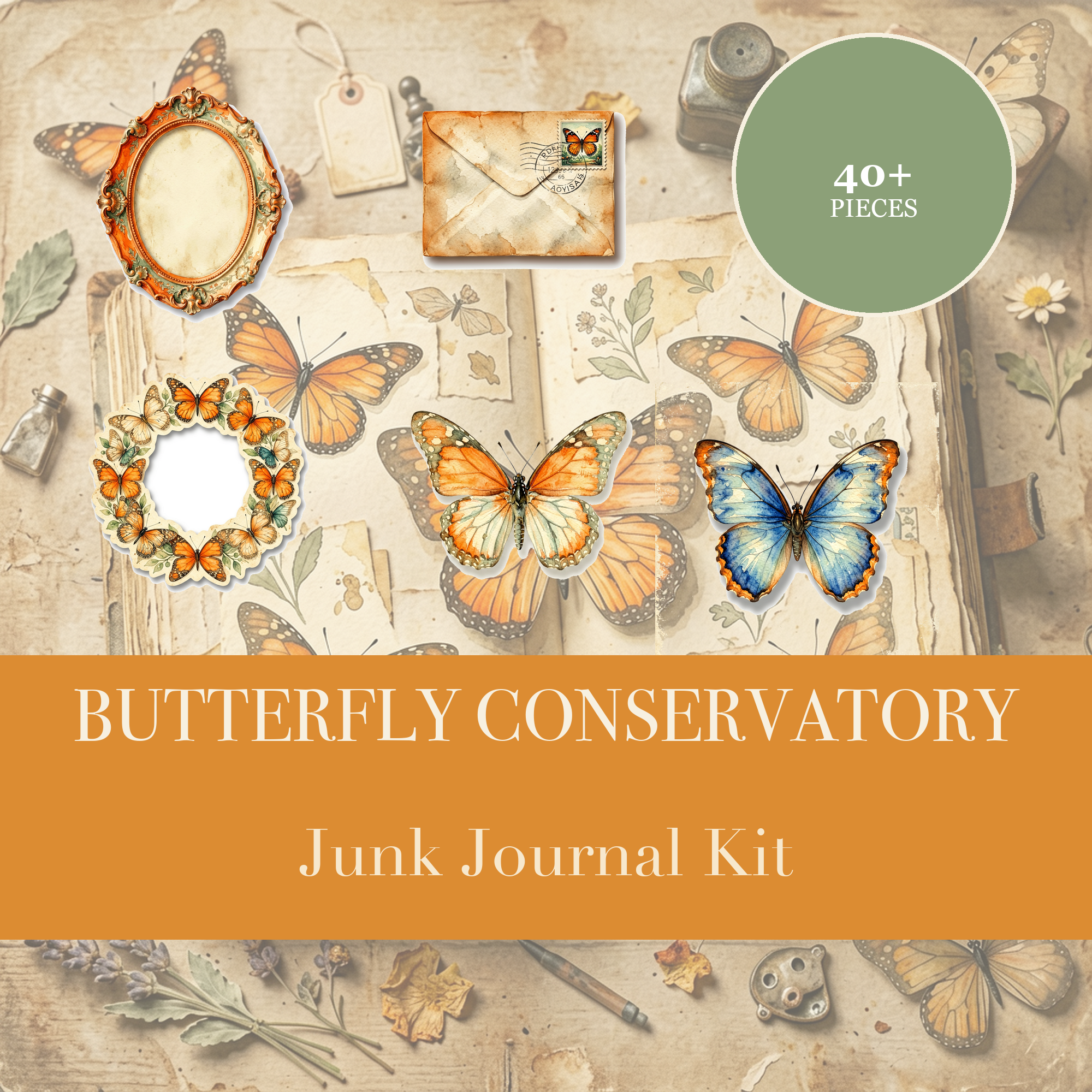 Butterfly Conservatory Junk Journal Kit | Vintage Lepidoptera Ephemera Papers | Printable Cut-Outs | Digital Download