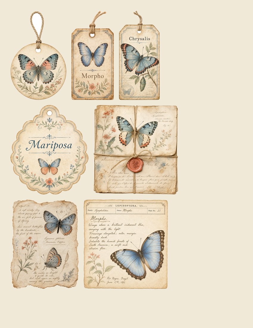 Butterfly Conservatory Junk Journal Kit | Vintage Butterfly Moth Ephemera + Printable Sheets | Cottagecore | Digital Download