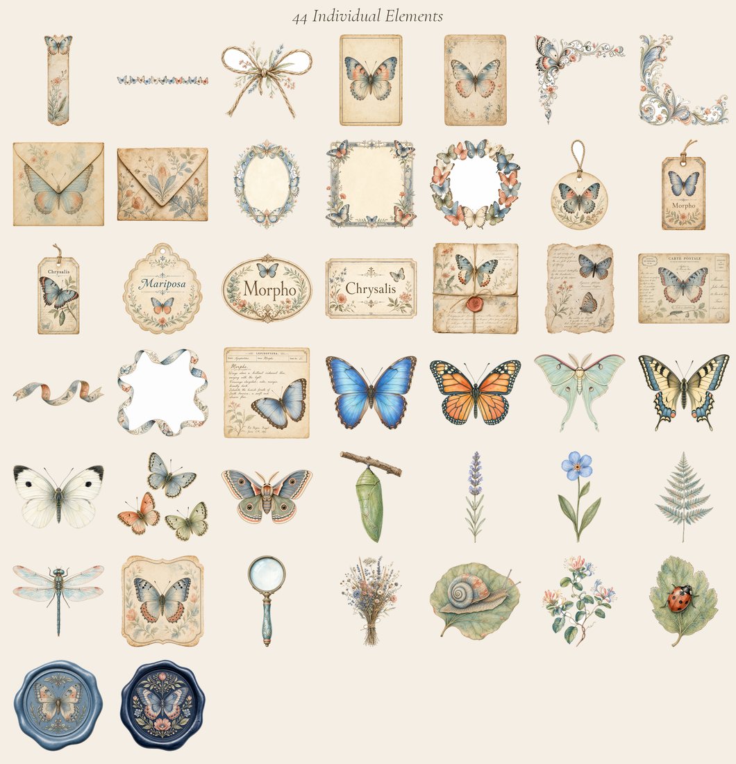 Butterfly Conservatory Junk Journal Kit | Vintage Butterfly Moth Ephemera + Printable Sheets | Cottagecore | Digital Download