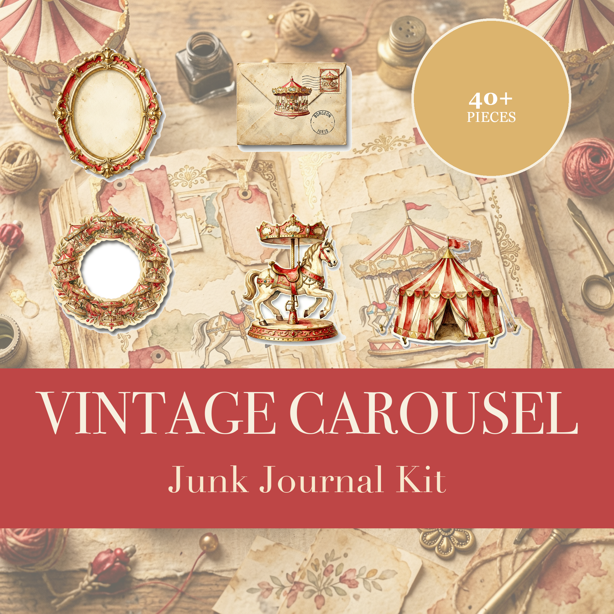 Vintage Carousel Junk Journal Kit | Fairground & Carnival Ephemera Papers | Printable Cut-Outs | Digital Download