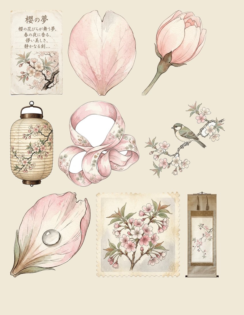 Vintage Cherry Blossom Sakura Junk Journal Kit | Ephemera + Printable Sheets | Hanami | Digital Download