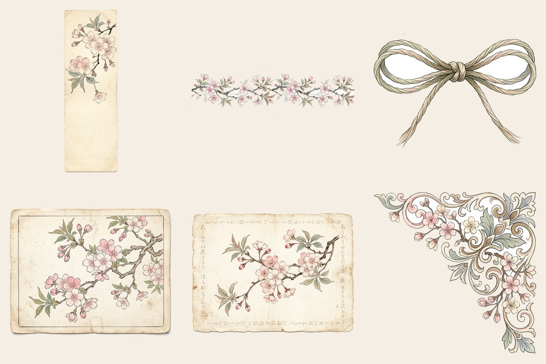 Vintage Cherry Blossom Sakura Junk Journal Kit | Ephemera + Printable Sheets | Hanami | Digital Download