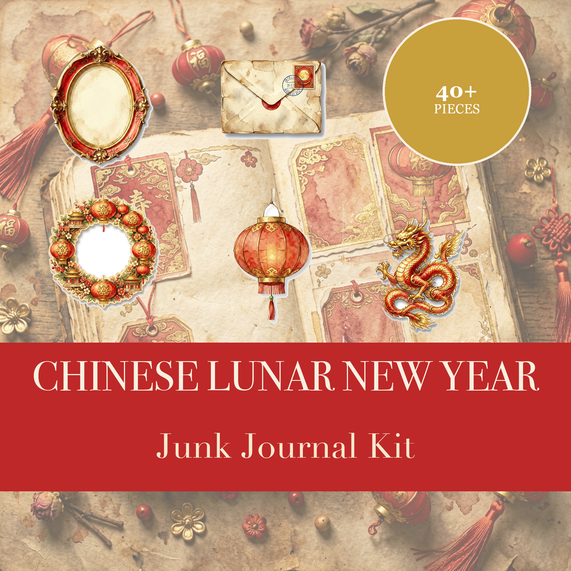 Chinese Lunar New Year Junk Journal Kit | Lantern & Dragon Ephemera | Printable Cut-Outs | Digital Download