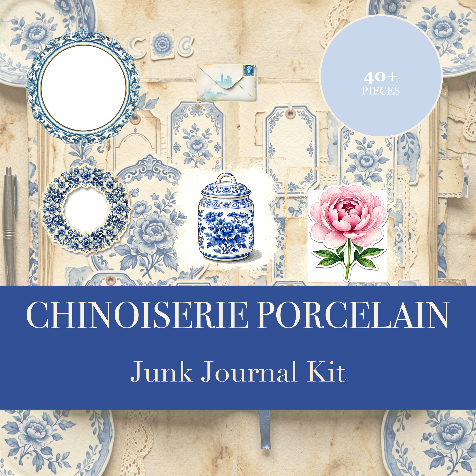 Chinoiserie Porcelain Junk Journal Kit | Blue & White & Peony Ephemera Papers | Printable Cut-Outs | Digital Download