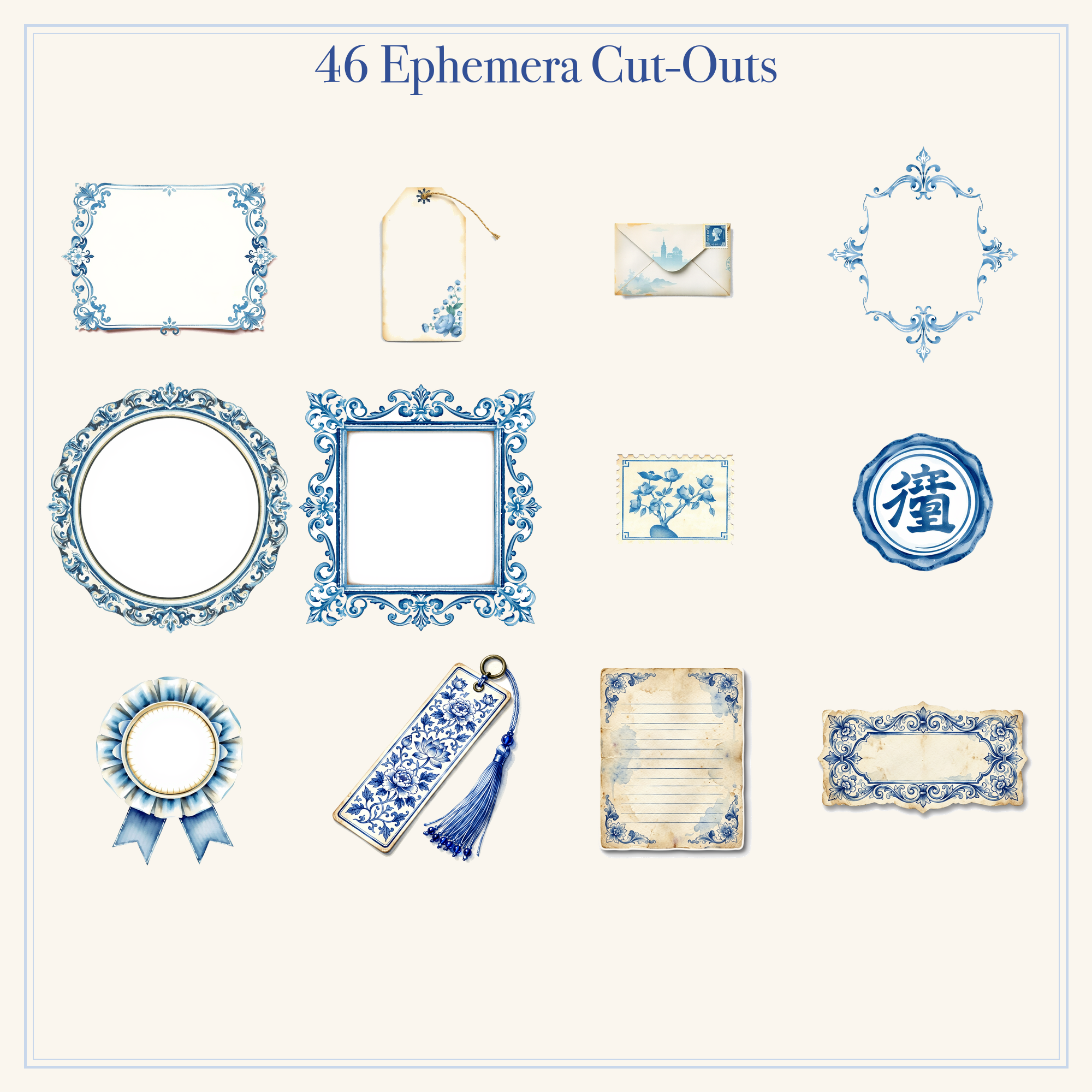 Chinoiserie Porcelain Junk Journal Kit | Blue & White & Peony Ephemera Papers | Printable Cut-Outs | Digital Download