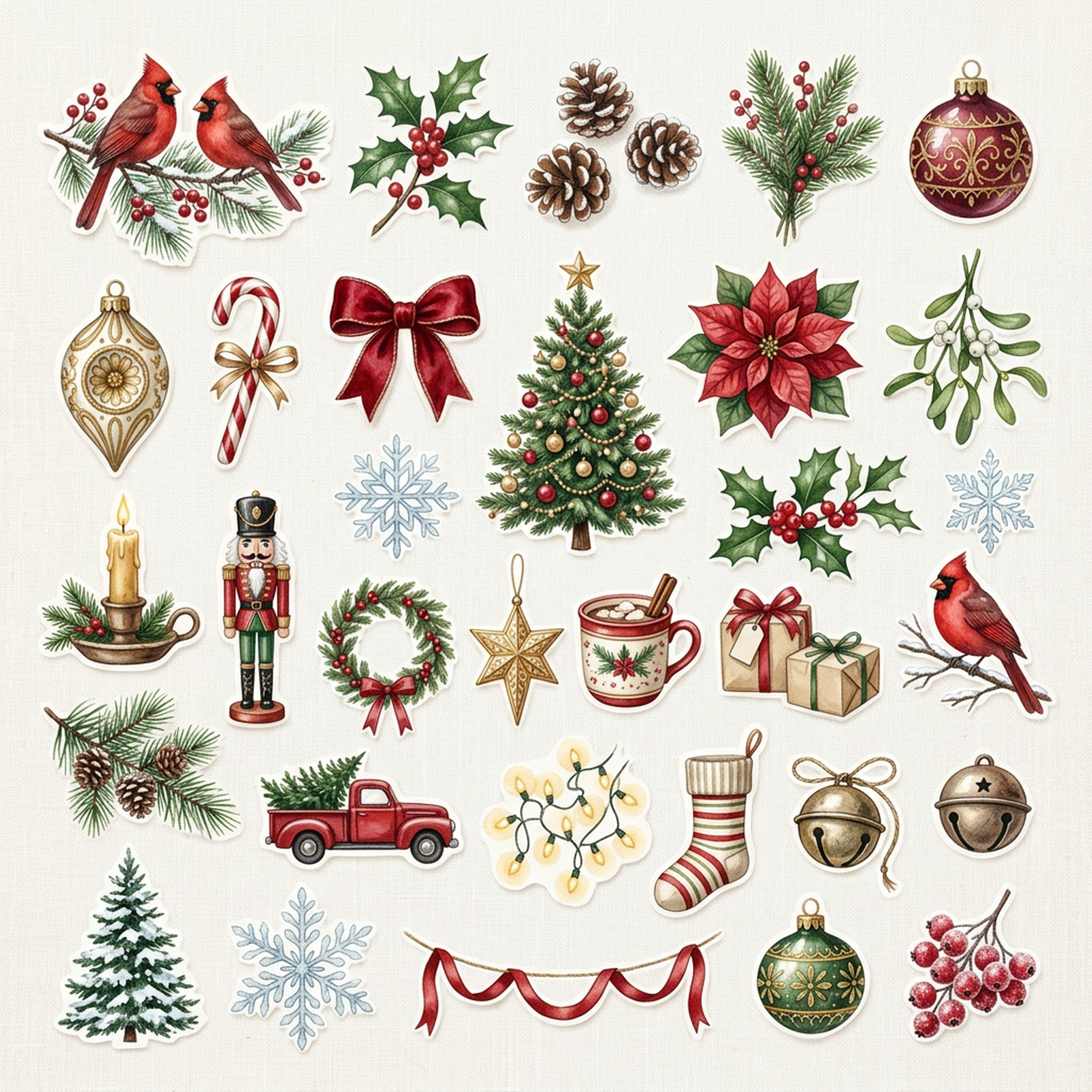 Watercolor Vintage Christmas Cardinals and Holly Clipart, 30 PNG, Transparent Background, Commercial Use, Digital Download